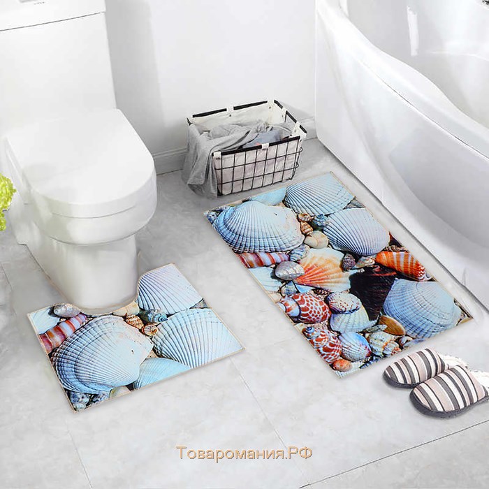 Набор ковриков для ванной и туалета «Ракушки», 2 шт, 40×45, 45×75 см