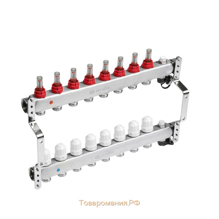 Коллекторная группа ONDO, 1"х3/4", 8 выходов, с расходомерами, нержавеющая сталь