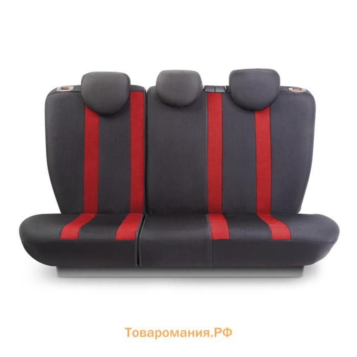 Авточехлы CUSHION COMFORT, материал эко-хлопок, 5 мм поролон, 3D крой, большой поясничный упор, 15 предметов, 5 подголовников, 2 кармана, 4 молнии, 4 торцевых клапана, AIRBAG черно-красный