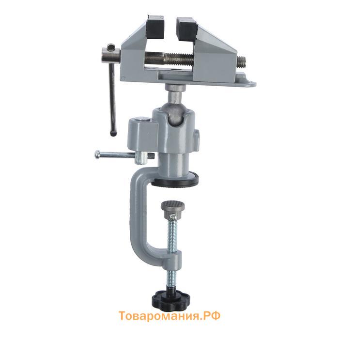 Мини-тиски алюминиевые ТУНДРА, винтовой зажим, поворотный шарнир, 75 мм