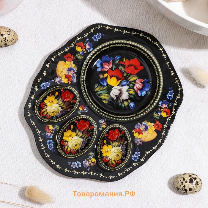 Подставка для яиц  «Жостовская роспись», 3 ячейки, 21×18 см, стекло, чёрная