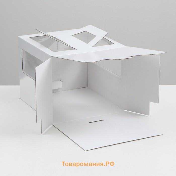 Коробка под торт 2 окна, с ручками, жемчуг, глянцевая, 24×24×20 см