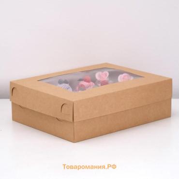 Коробка на 12 капкейков с окном, крафт, 32.5×25.5×10 см